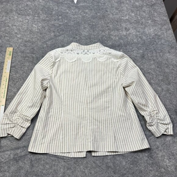 Roz & Ali Blazer Jacket Womens Plus 1X Beige White Striped Crochet Linen Blend - Picture 2 of 9